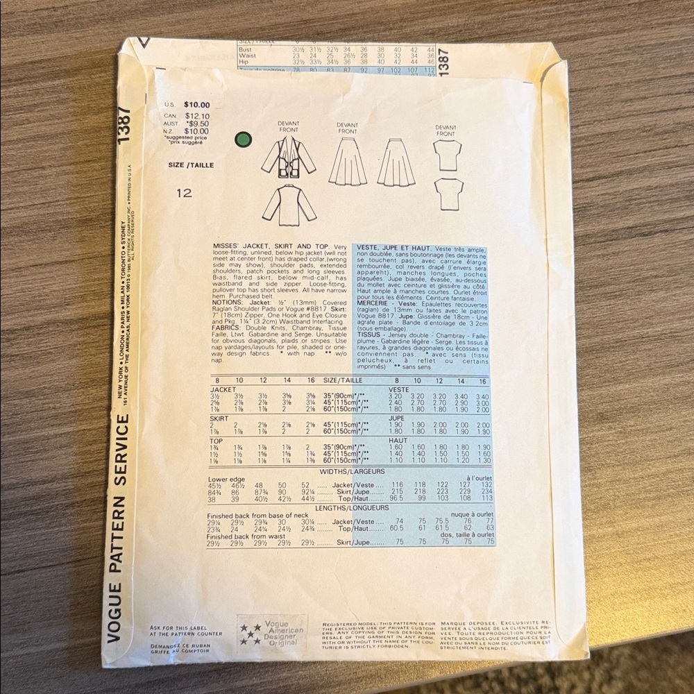 Uncut Vogue Sewing Pattern 1387 - Picture 2 of 2